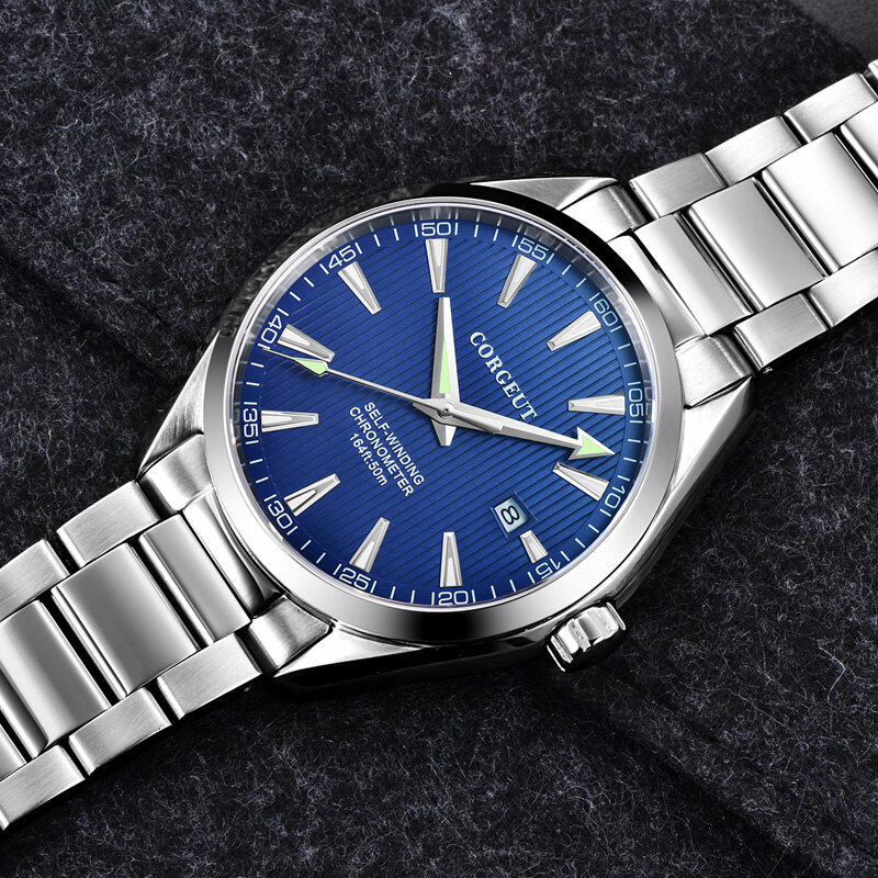 Horloge en cuir et verre saphir pour homme, marque de luxe, 41mm, Miyota, automatique, cadran bleu