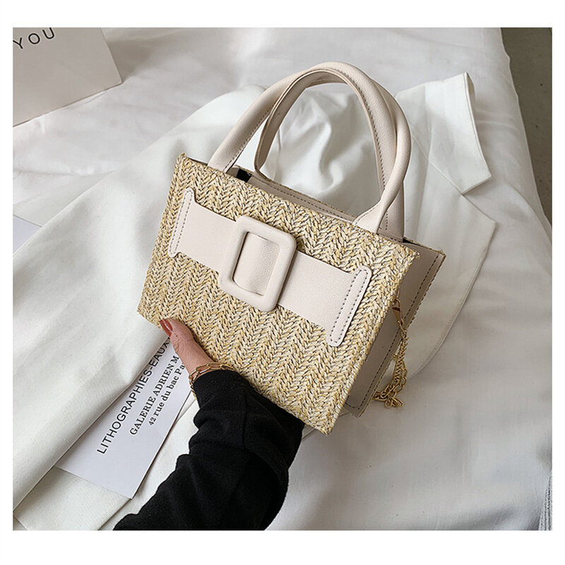 Ladies fashion ethnic straw woven portable messenger bag leisure square zipper shopping travel mobile phone shoulder bag purses