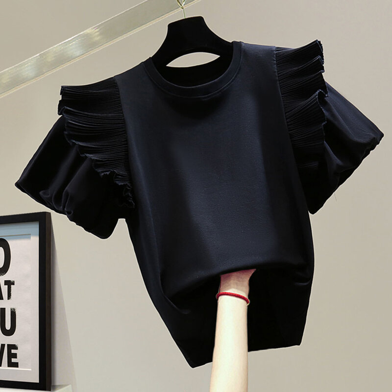 Fashion Korea Baru Musim Panas 2021 Kaus Leher Bulat Warna Solid Lengan Puff Ruffle Berlipat Kasual Sederhana Temperamen
