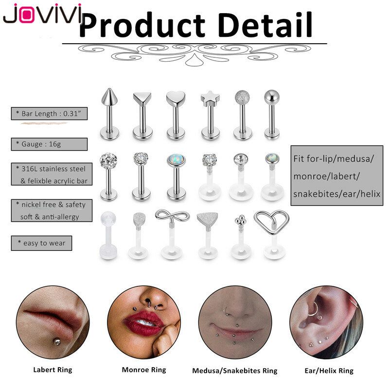 Jovivi 18 Pcs Stainless Steel Acrylic Labret Monroe Ring Lip Ring Ear Helix Ring Ear Stud Lip Studs Body Piercing Jewellery 16Ga