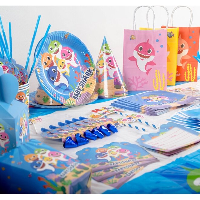 Oceano dos desenhos animados tubarão festa de aniversário descartável conjunto de utensílios de mesa balões placa copo banner decorações fundo do bebê fontes de festa
