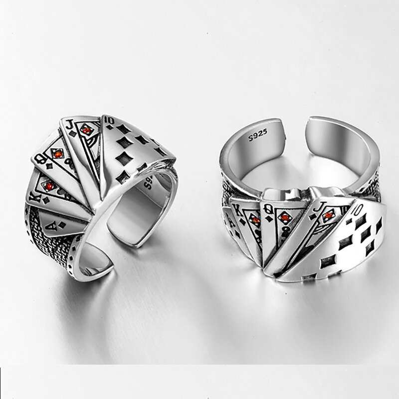 Karty do gry Chunky cyrkonia grawerowane regulowany 925 srebrny pierścień dla mężczyzn w stylu Vintage biżuteria hurtowych