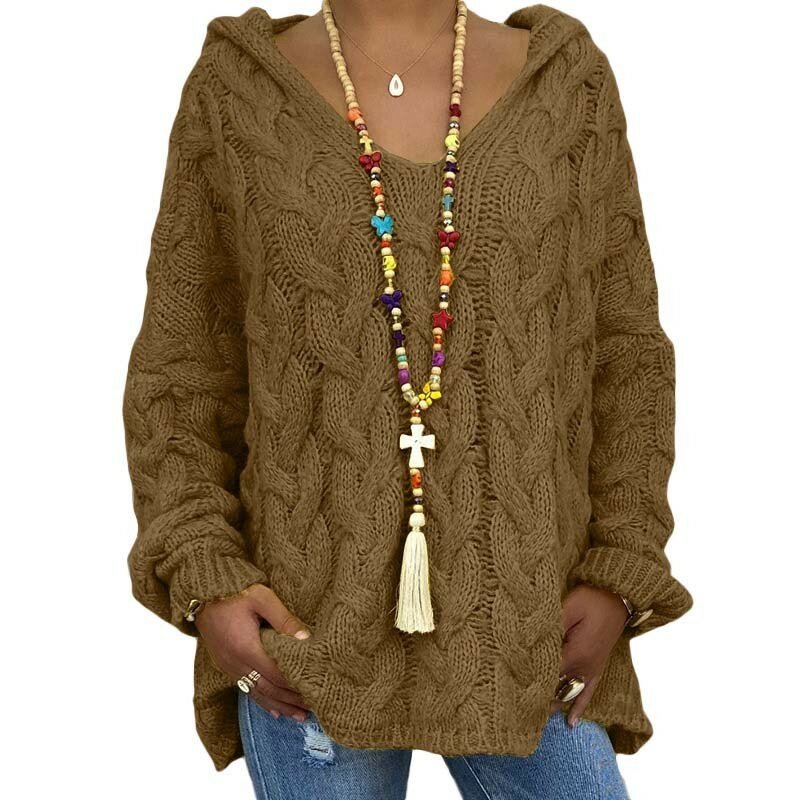 Jersey de manga larga con capucha para mujer, suéter de punto suelto de Color sólido de talla grande, Tops cruzados Vintage para invierno