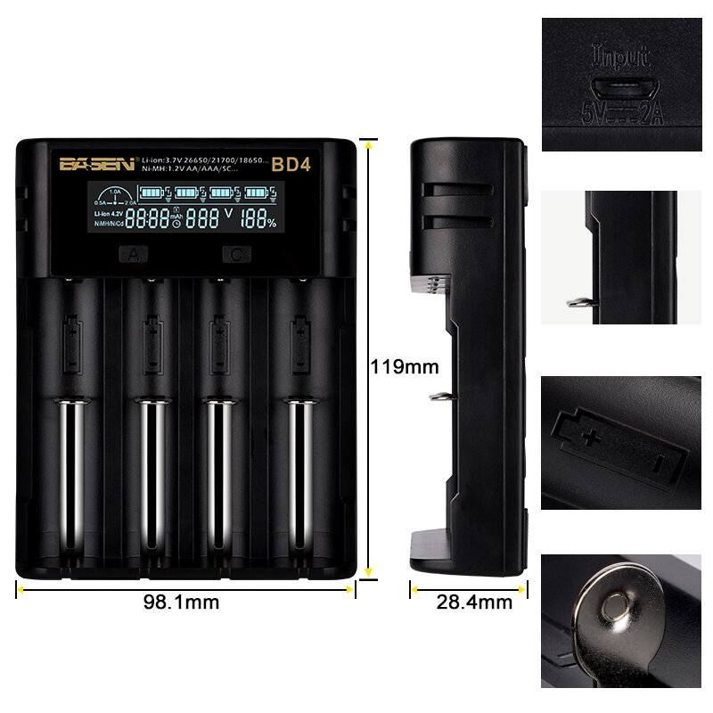 Bd4 lcd carregador de bateria para 18650 26650 21700 18350 aa aaa 3.7v/3.2v/1.2v nimh bateria 18650 carregador inteligente