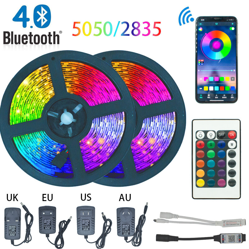 Tira de luces LED con bluetooth, cinta de lámpara flexible impermeable, RGB 5050, 2835, diodo de 12V de CC, 5 y 10 m, 32,8 pies, 20m