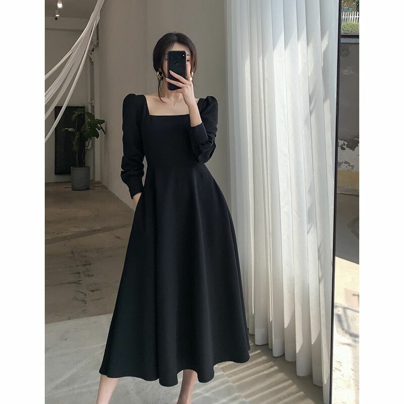 GUOGE 드레스 프랑스어 블랙 풀 슬리브 숙녀 롱 스커트 2021 새로운 봄 레트로 광장 햅번 스타일 스퀘어 칼라 드레스 패션