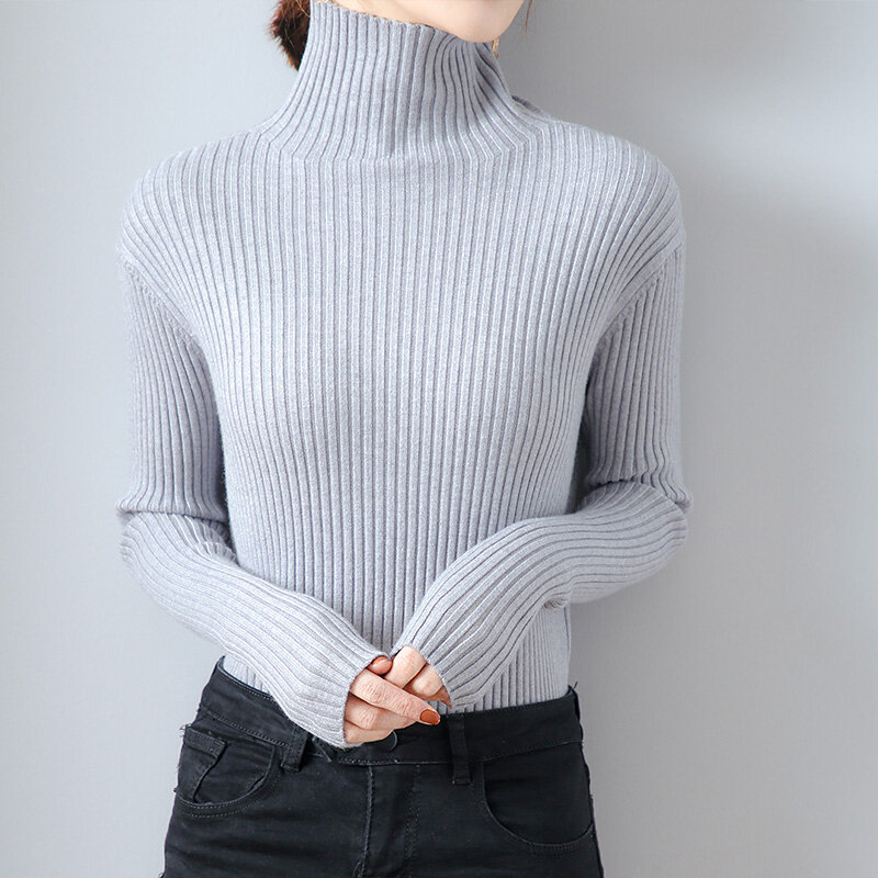 Jersey de Cuello medio alto para mujer, suéter de punto delgado con parte superior, Camisa larga de manga larga, versión coreana, Otoño/Invierno, 2021
