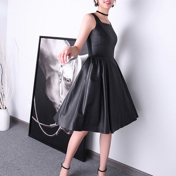 2023 neue Stil Frauen Hepburn Stil Echtem Schaffell Leder Schwarzen Kleid Ärmel