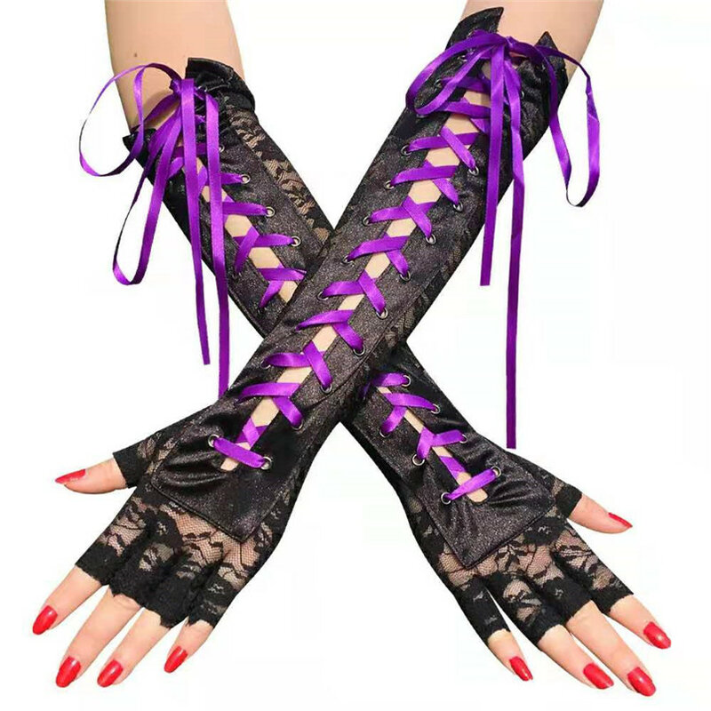Sexy Women Long Black Lace Gloves Fingerless Gothic Gloves Mittens Ribbon Rivet Tie Up Sexy Nightclub Party Gloves Gants Femme