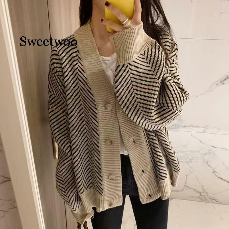 Women's Sweaters Autumn Winter 2020 Fashionable Striped Casual V-Neck Cardigans Single Breasted Loose Ladies