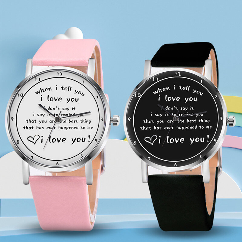 편지 인쇄 된 시계 쿼츠 시계 PU 가죽 스트랩 I LOVE YOU 여성용 시계 소녀 NYZ Shop