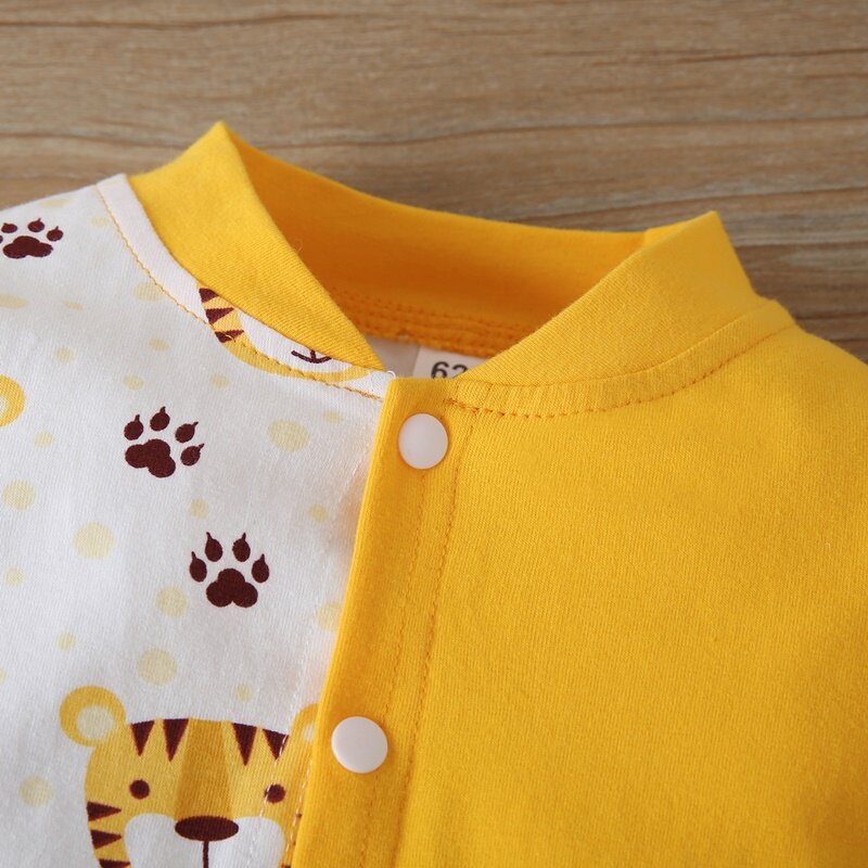 Macacão de algodão para bebês recém-nascidos, conjunto com 2 peças, estampa de desenho de animal, retalhos de tigre, manga longa + chapéu, 0-18m