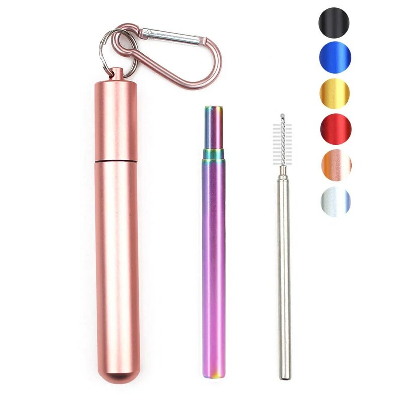 Reusable Stainless Steel Straws with Aluminum Keychain Case Cleaning Brush Collapsible Telescopic Portable Drinking Straws