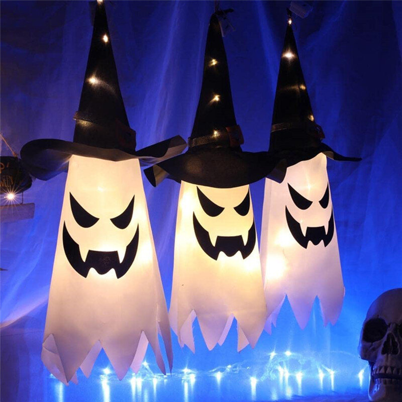 Dekoracja Halloween migające oświetlenie LED łyszczec duch sukienka świąteczna w górę Halloween świecący czarodziej duch kapelusz dekoracyjna z lampkami