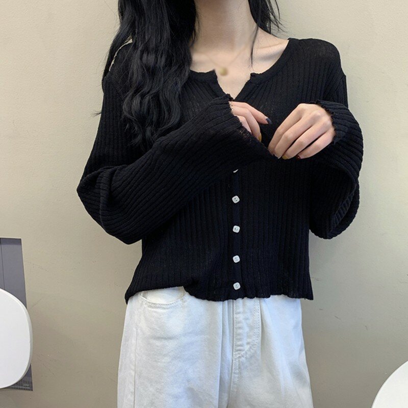 Letnie ubrania damskie 2020 koreańskie damskie solidne dekolt w serek Casual pojedyncze jednorzędowe guziki w górę dzianinowy sweter z długimi rękawami