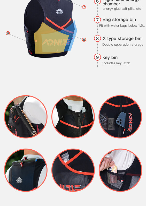 AONIJIE 10L Quick Dry Sports Backpack Hydration Pack Vest Bag With Zipper Running bag For Hiking Marathon Race Outdoor C9106