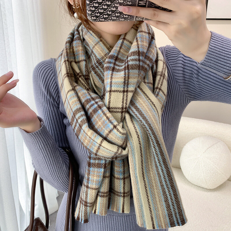 Модный теплый шарф, шали из искусственного кашемира для женщин, осень/зима 2021, новый удлиненный японский и корейский клетчатый шарф для женщ...