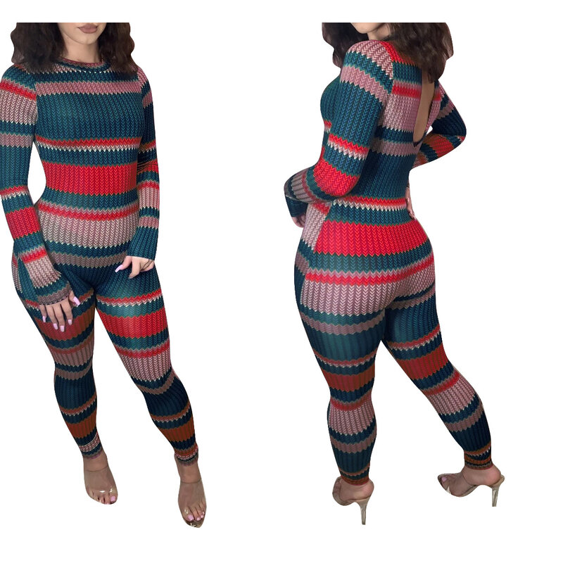 2020 New Women Chic Striped Printed Jumpsuits Long Sleeve Skinny Jumpsuit