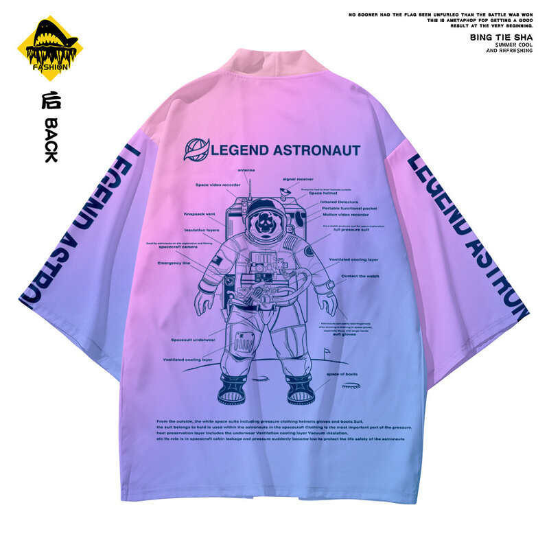 Men Loose Japanese Astronuat 프린트 가디건 코스프레 유카타 의류 하라주쿠 사무라이 기모노 + 바지 세트 플러스 사이즈 6XL