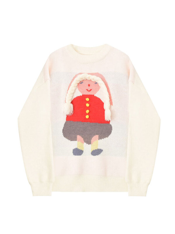 Kobiety Cute Cartoon swetry swetry zimowe Vintage duża, w stylu Harajuku O-Neck ciepłe zagęścić Streetwear modny Design Jumper Top