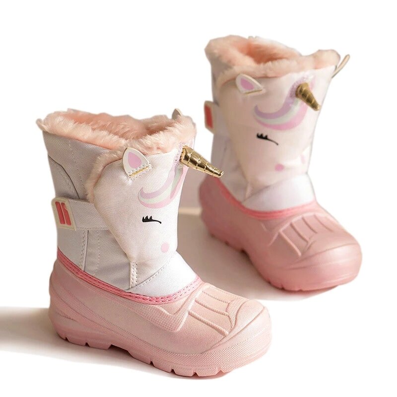 Botas de nieve para niños, zapatos impermeables con estampado de unicornio de dibujos animados, cálidos, de felpa, de invierno