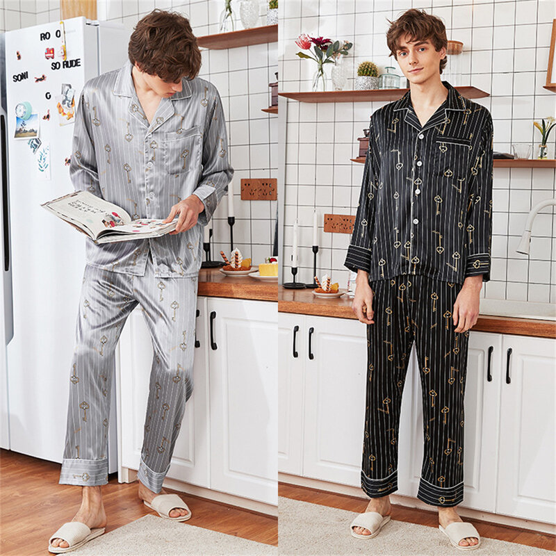 Men's Silk Pajamas Casual Breathable Spring and Summer Pajamas Ice Silk Long-sleeved Trousers Home Service Suit Mens Clothing
