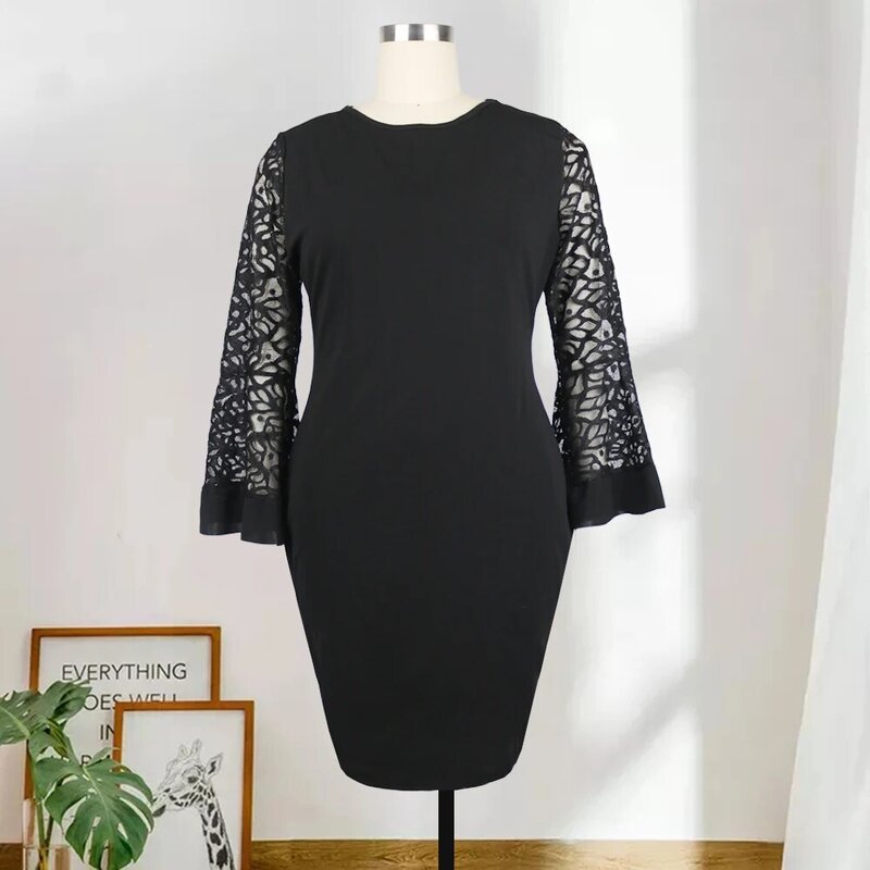 فستان من الدانتيل الأسود برقبة دائرية وأكمام طويلة ، مقاس كبير ، للنساء ، مقاس 4XL 5XL