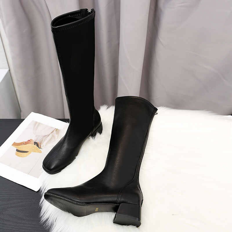 2021 Baru Ins Wanita Krem Sepatu Hak Tinggi Wedge Sepatu Bot Wanita Musim Gugur Desainer Ujung Lancip Sepatu Selutut Zapatos De Mujer