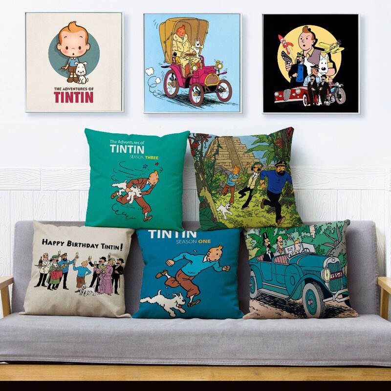 غطاء وسادة مغامرات الهزلي من Tintin طباعة وسادة رمي النسيج غطاء الوسادة كيس وسادة كتاني أريكة ديكور المنزل الوسائد حالات