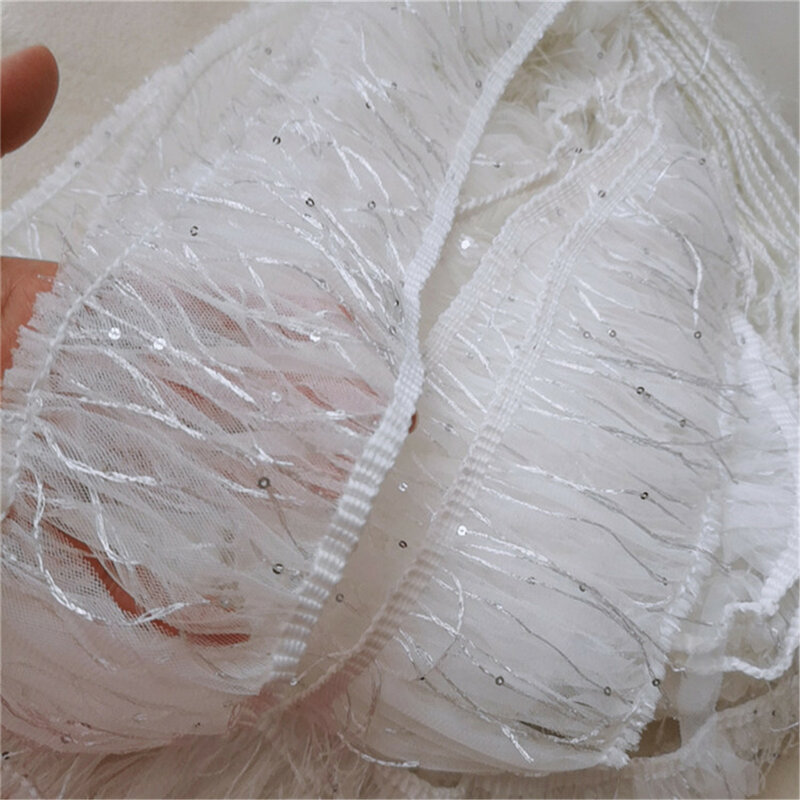 ホワイトスパンコール付きレース縫製リボン,50cm,タッセル付き裾,幅3.54インチ