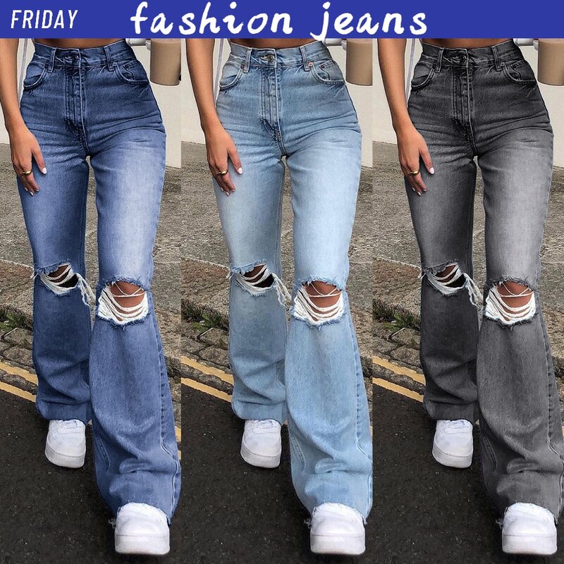 Moda feminina calças compridas denim perna larga calças rasgadas bootcut jeans