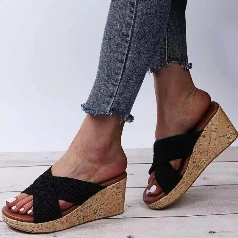 Novos sapatos femininos de linho crossover simples cunhas de dedos abertos confortável moda casual todos os dias sandálias de verão 1kb099