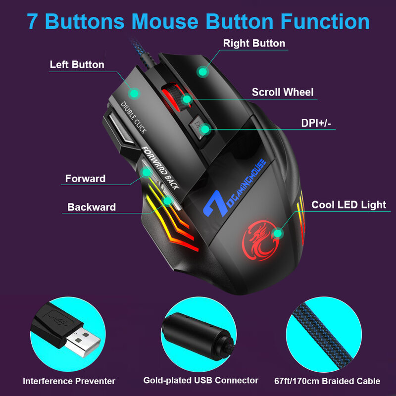 Mouse da gioco cablato ergonomico LED 5500 DPI USB Mouse per Computer Gamer Mouse RGB X7 Mause silenzioso con cavo retroilluminato per PC portatile