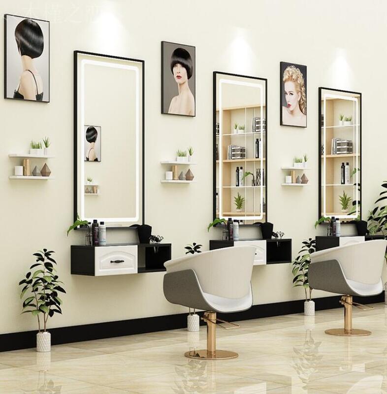 Espejo de pared para peluquería, mueble de mesa para barbería, espejo de belleza integrado LED, espejo de suelo