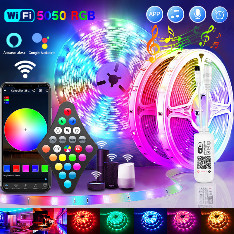 20M 30M 5050 WIFI RGB Dải Đèn LED Đèn Bluetooth Luces Led RGB SMD 2835 Linh Hoạt Băng Keo Chống Nước diode Điều Khiển + Adapter