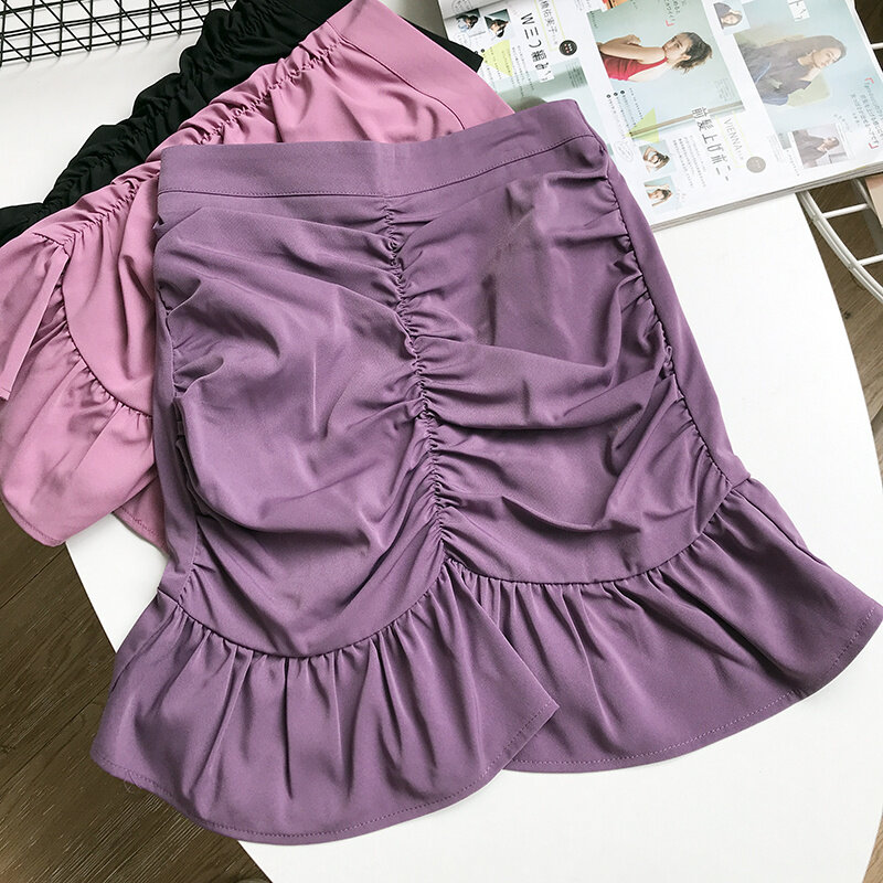 Marszczona sukienka wyszczuplająca wysokiej talii Pure Color uniwersalna spódnica niszowa [N0426] D ¥ 10