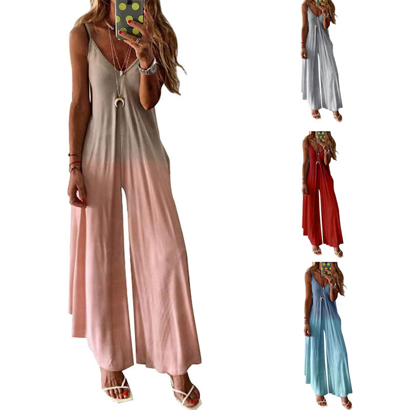 유럽과 미국 여성의 여름 v 넥 섹시한 버전 긴 드레스 느슨한 플러스 사이즈 서스펜더 점프 슈트