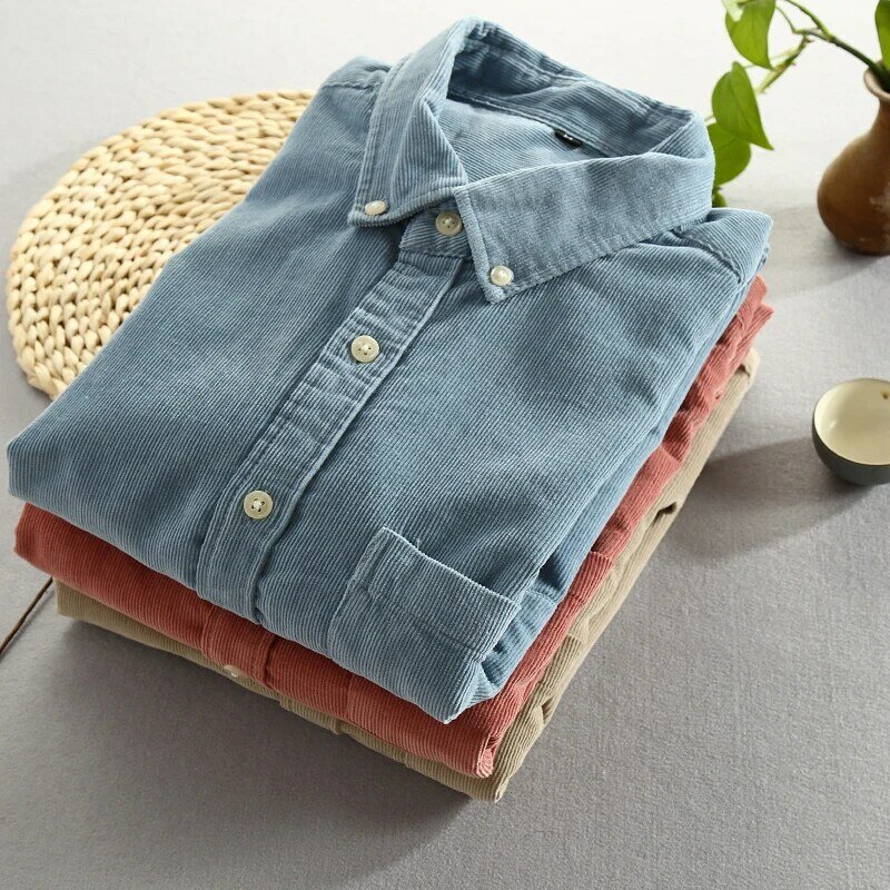Männer Frühling Und Herbst Mode Marke Japan Stil Vintage Slim Fit Cord Hemd Männlich Casual Blau Rot Einfarbig Shirt tuch
