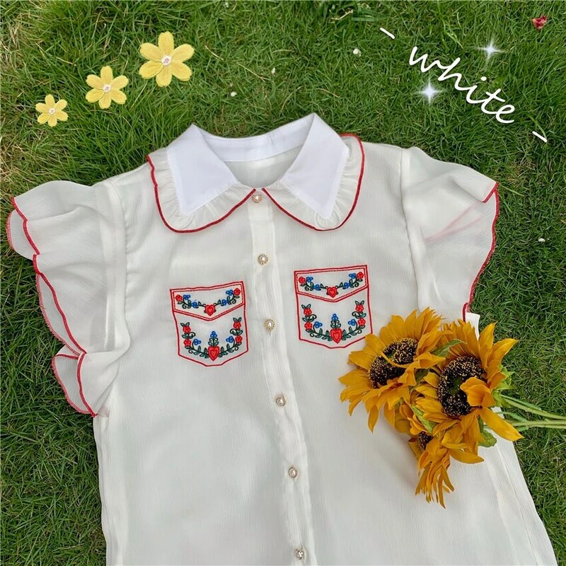 Lato nowy koreański 2021 haftowane szyfonowe krótkie rękawy bluzki koszula białe damskie topy i bluzki odzież damska 901FH