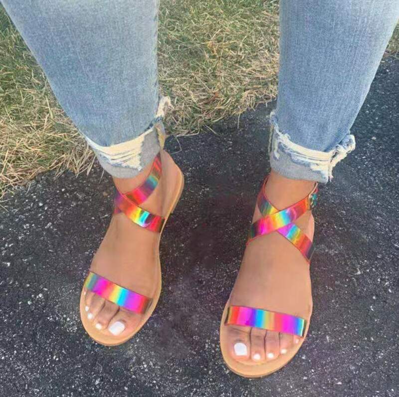 Sandálias femininas sapatos planos verão cruz-laço gradiente com os dedos abertos tornozelo cinta praia casual feminino chinelos mulher zapatos de mujer