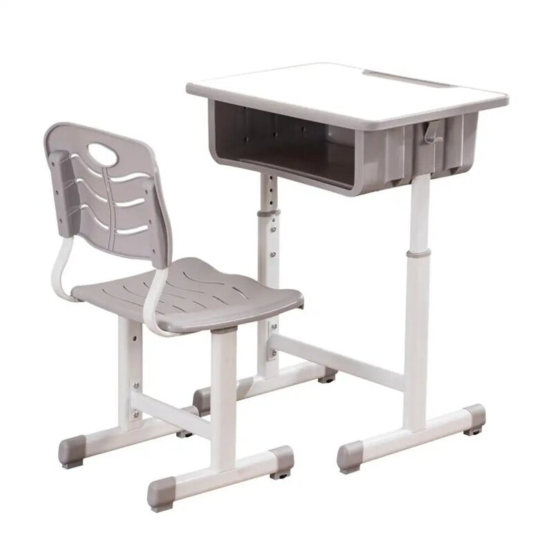 Adjustable Lift Students Children Desk And Chairs Set White Desktop White Paint Light Gray Plastic Edging Table And Chair Set