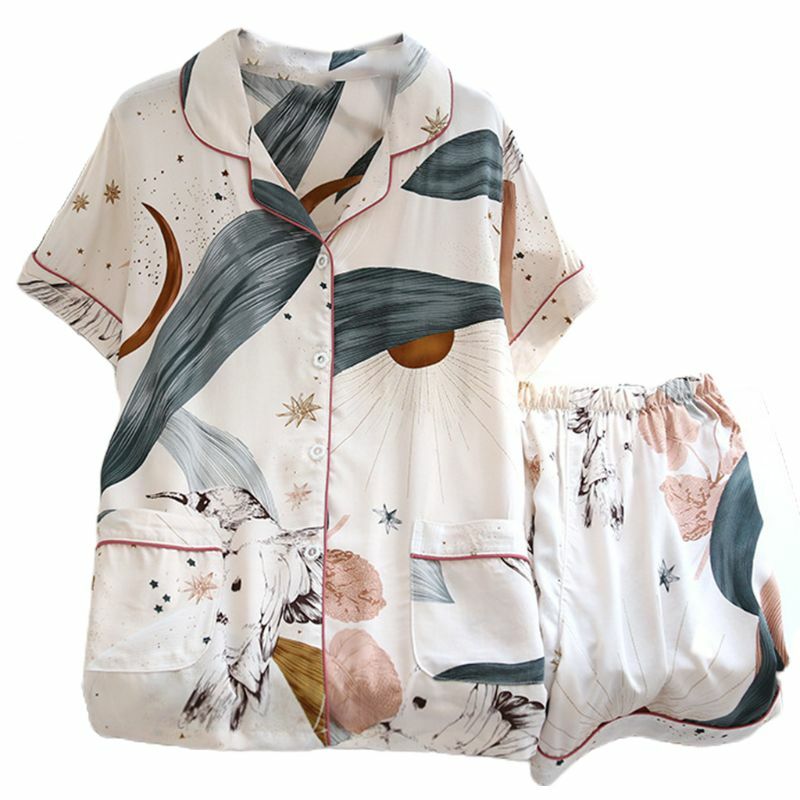 Conjunto de pijamas feminino, pijama manga curta com botões, calças soltas, geométricas, folhas, roupa de dormir, x3ue