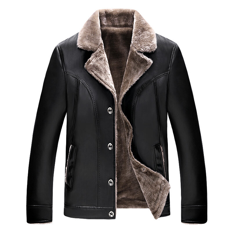 Jaqueta de couro pu changanime, jaqueta de couro preta masculina de meia-idade de pele falsa dentro do outono e inverno quente, casaco com bolsos e manga comprida