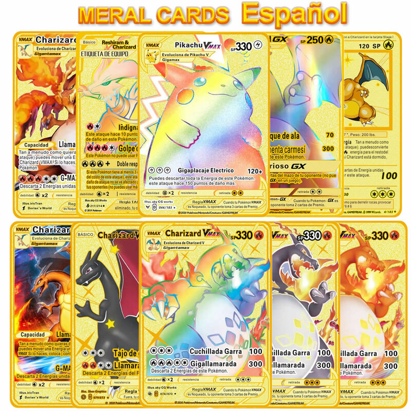 Cartas de Pokémon en español, cartas de Metal dorado, juego de batalla para niños