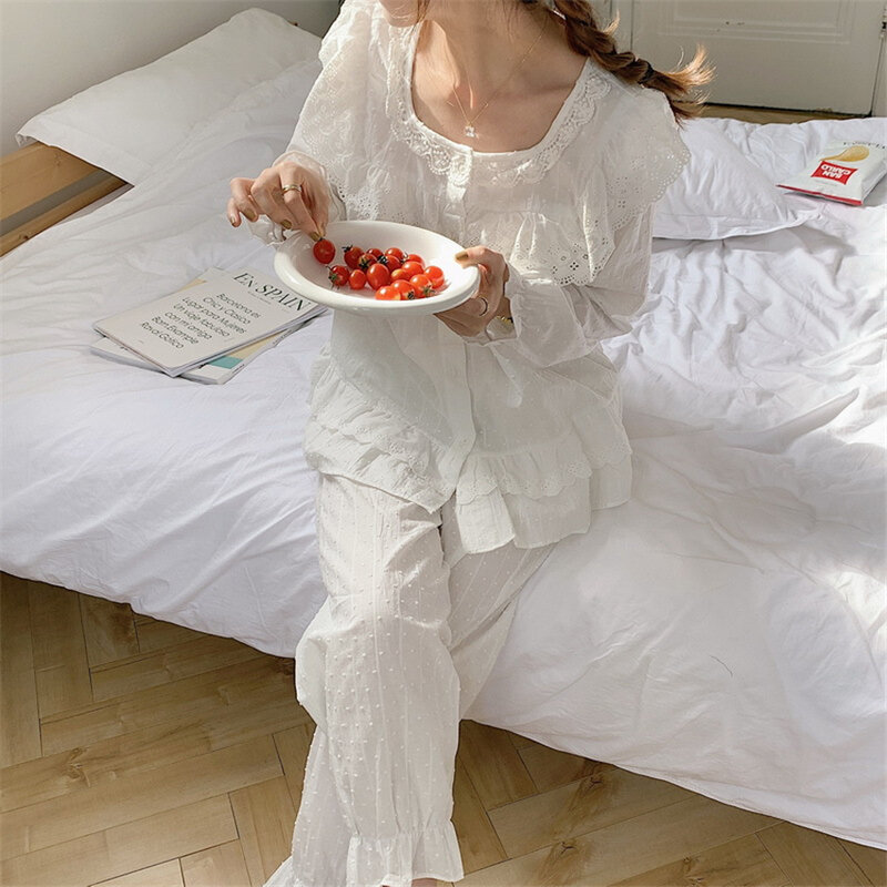 Alta qualidade branco bordado rendas pijamas conjunto coreano babados sólido manga longa camisas sleepwear calças compridas pijamas pijamas