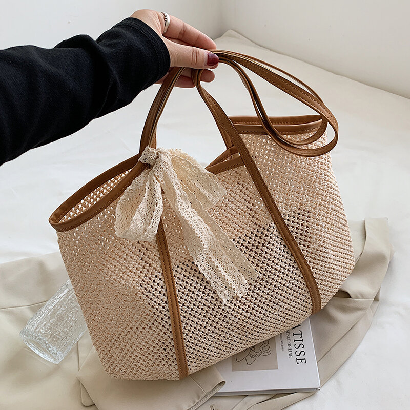 Duża pojemność ręcznie tkana damska duża torebka na ramię czeska 2021 letnia słomiana torba plażowa Travel Shopper tkactwo