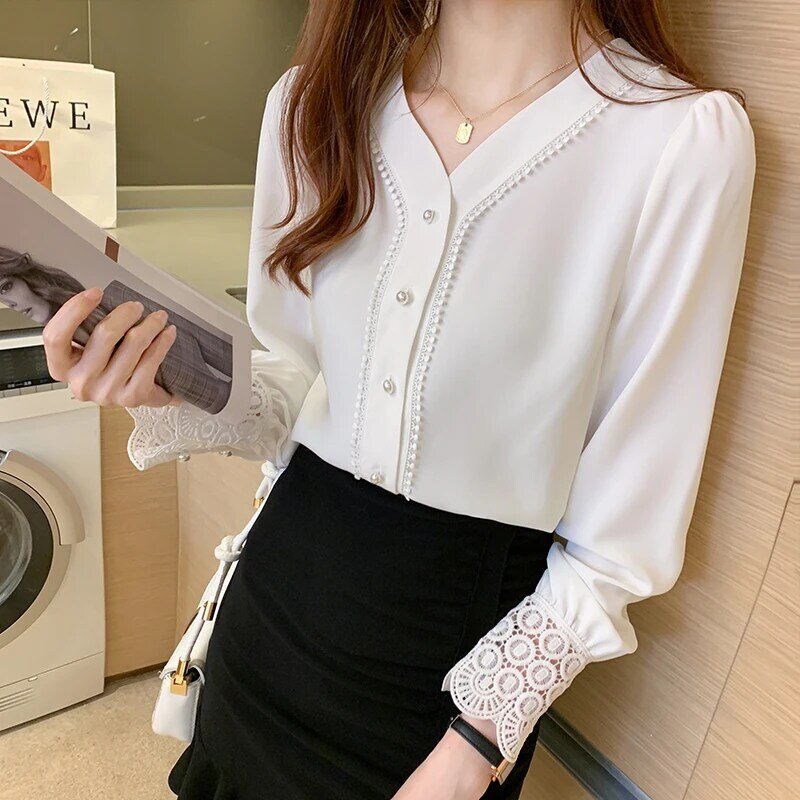 Koreańskie damskie bluzki koszule damskie biała koszula z długim rękawem kobieta szyfonowa bluzka koszula kobieta V Neck koronkowy haft bluzki topy