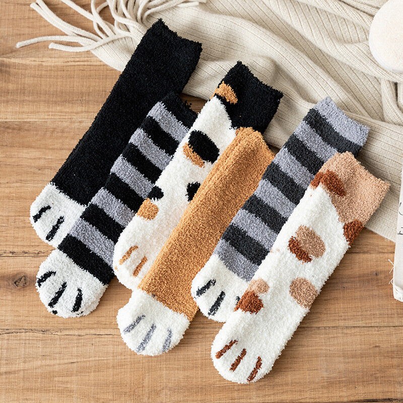 Calcetines de felpa de lana de Coral para mujer, medias gruesas y cálidas de gato siamés, para dormir, para otoño e invierno, 1 par
