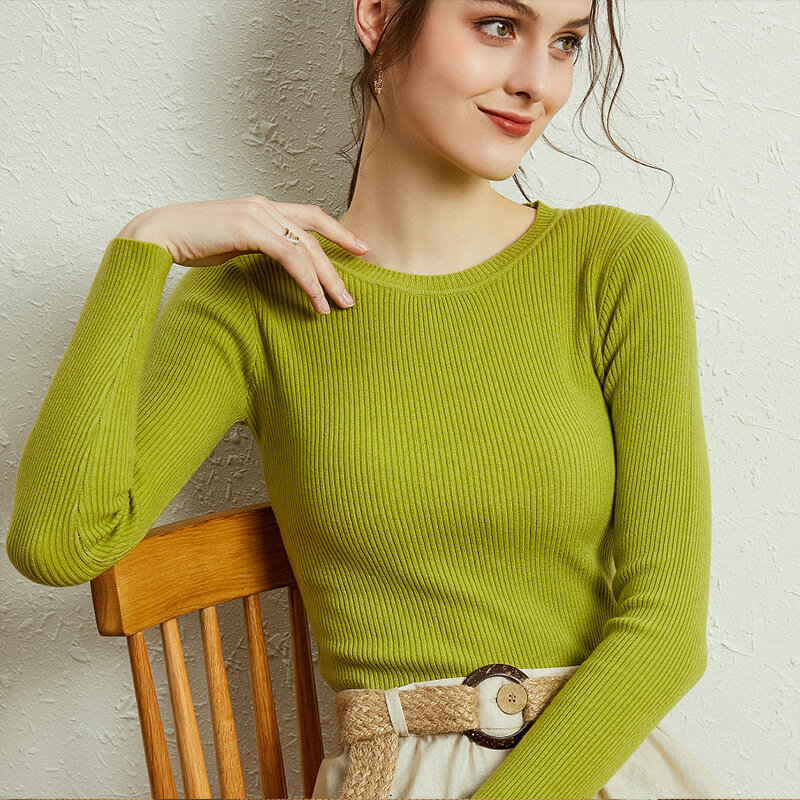 Sweter Leher Bulat Wanita Ramping Tebal Kerah Rendah Lengan Panjang Musim Gugur dan Musim Dingin Pendek Ketat Warna Solid Sweater Pullover
