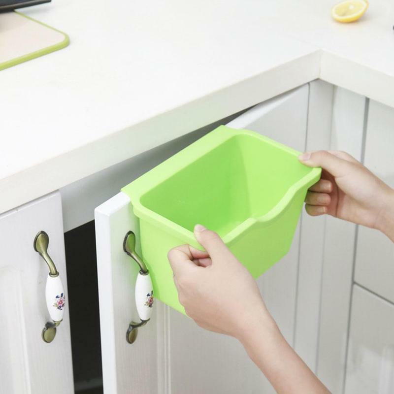 ตะกร้าพลาสติกแขวนถังขยะถังขยะขยะถังเก็บขยะเก็บเดสก์ท็อปห้องครัวผู้ถือตู้ประตู J0H9